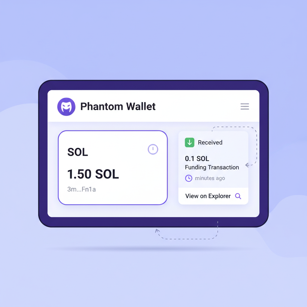 Phantom wallet dashboard showing SOL balance and address, minimal funding transaction, explorer link