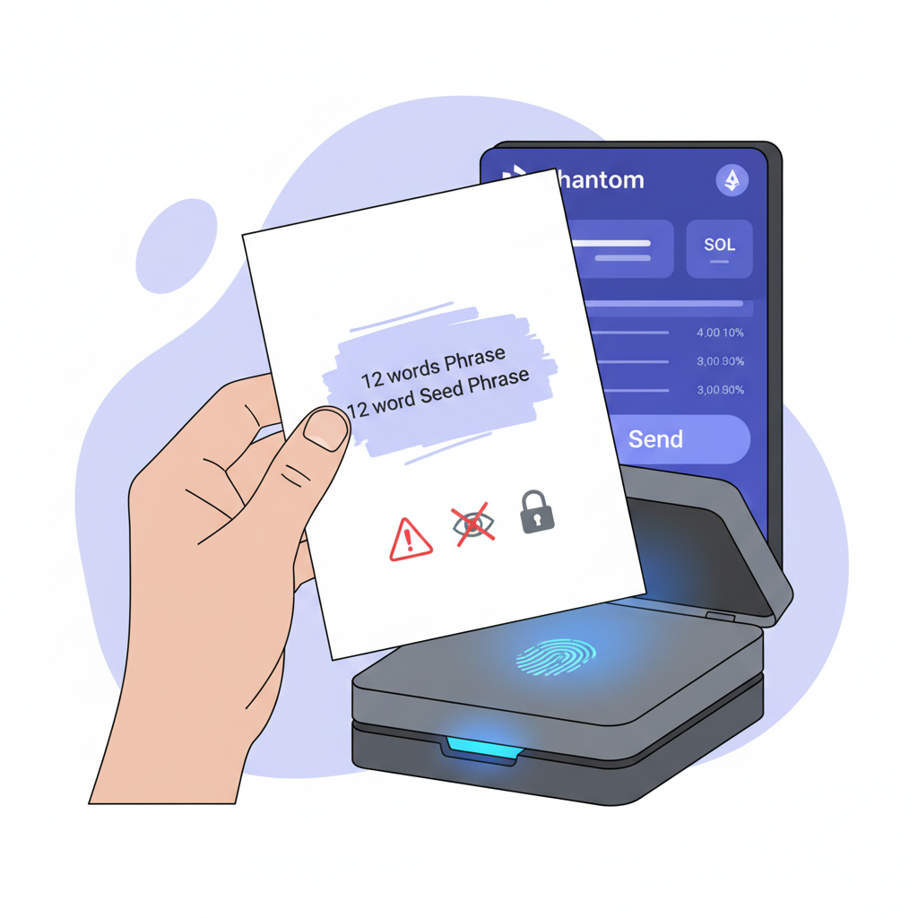 hand holding paper with obscured 12-word seed phrase, secure storage box, warning icons, Phantom interface in background