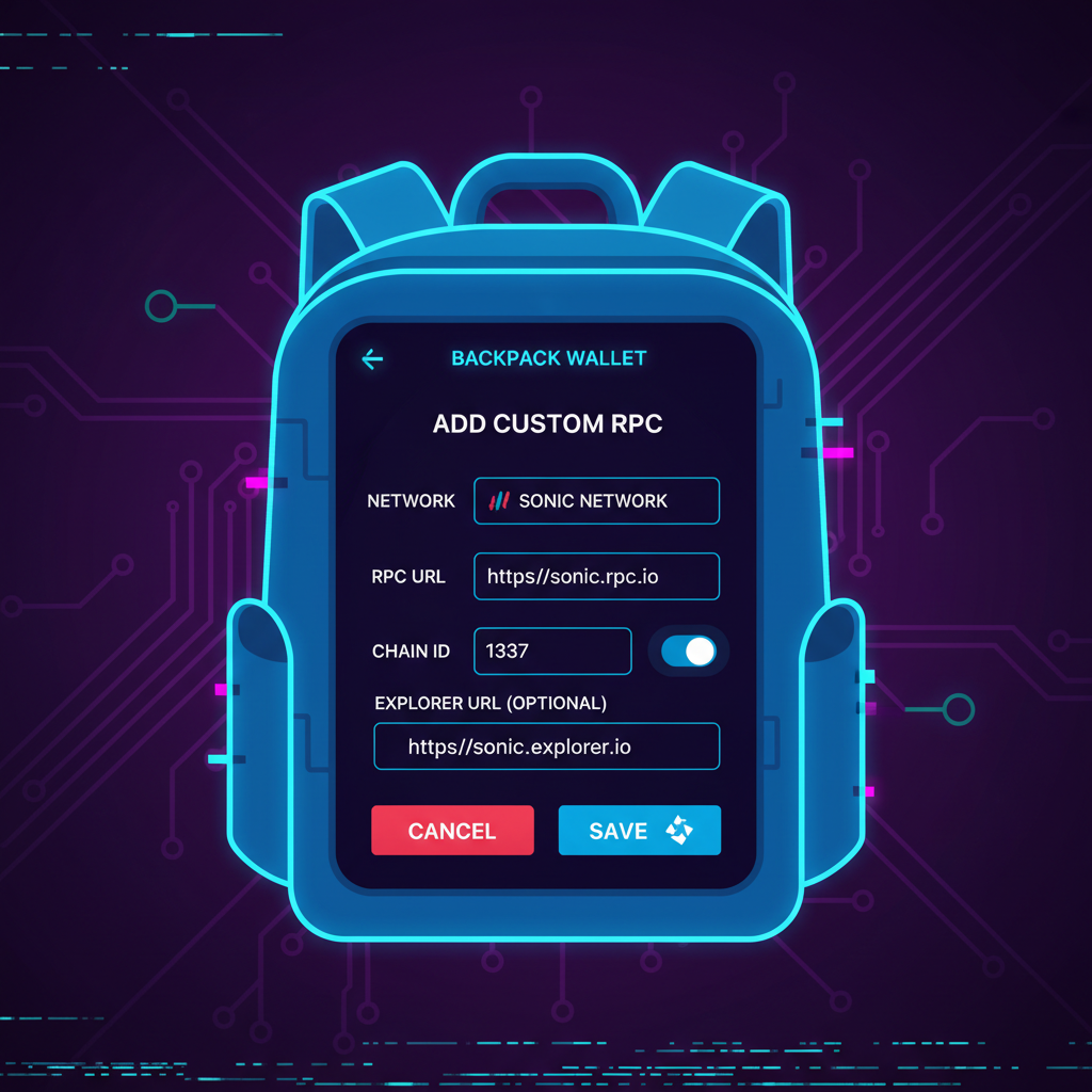 adding custom rpc in backpack wallet, sonic network details input screen, cyberpunk solana style