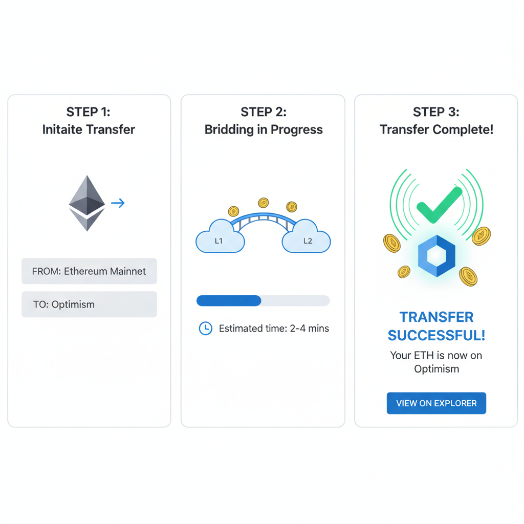 Full ETH bridge transfer completing on official Optimism gateway, success animation