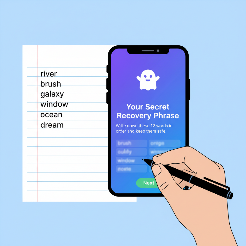 hand writing down seed phrase words on paper next to Phantom wallet screen
