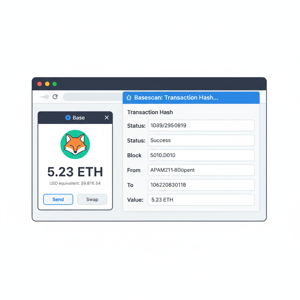 MetaMask on Base showing ETH balance, Basescan explorer tab open