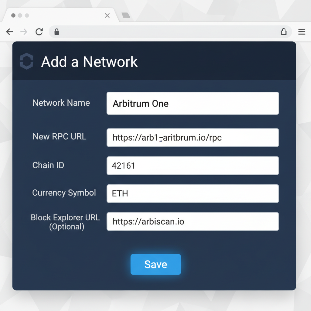 MetaMask network add form filled with Arbitrum details, focused on input fields