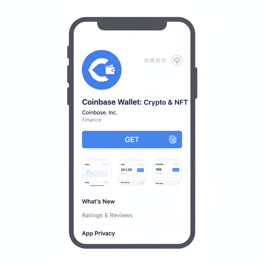 official app store screen showing Coinbase Wallet download button, mobile interface, clean design