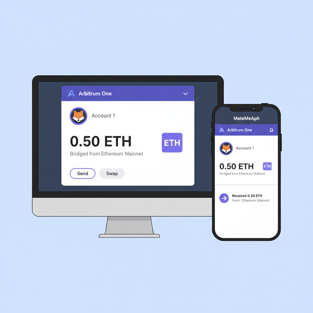 MetaMask switched to Arbitrum One showing bridged ETH balance