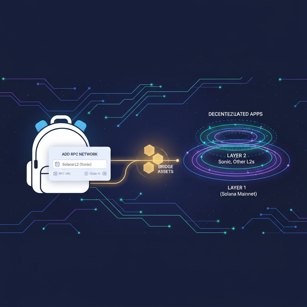 Backpack wallet adding Solana L2 RPC like Sonic, bridge assets glowing, layered network diagram, epic futuristic vibe