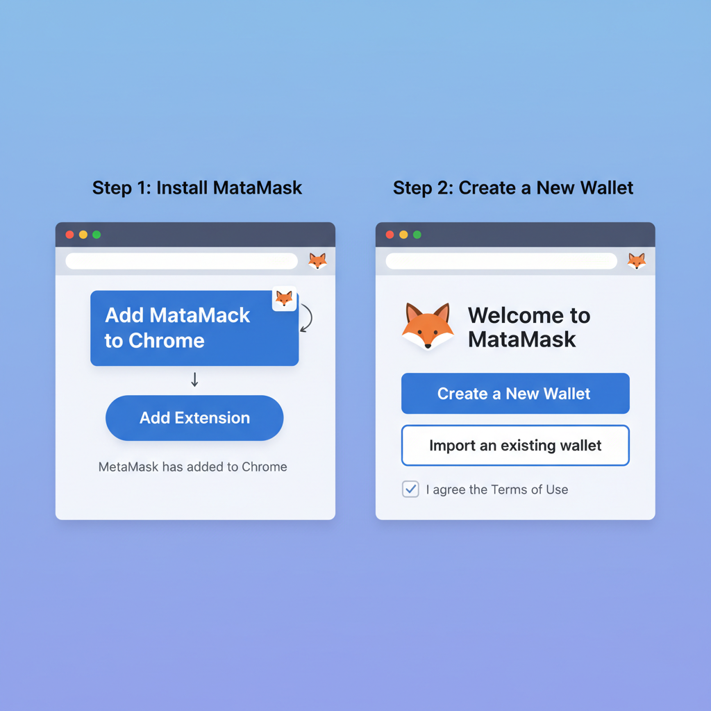 clean illustration of MetaMask browser extension installation and new wallet creation screen