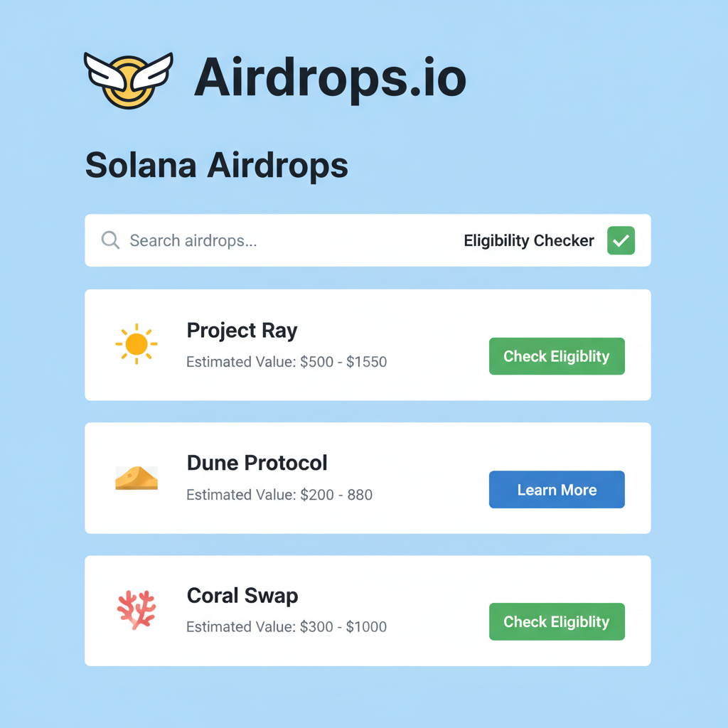 Airdrops.io webpage listing Solana airdrops with search bar and eligibility checker