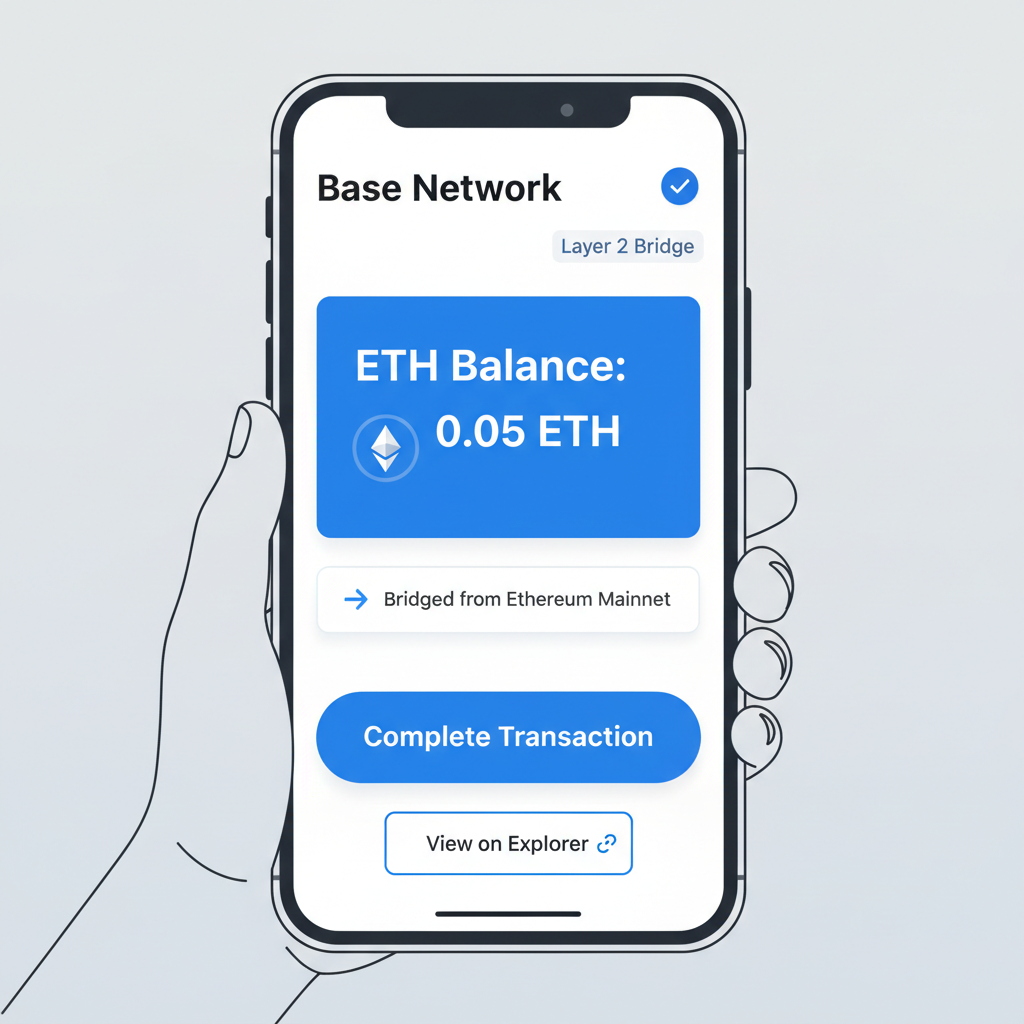 Coinbase Wallet Base network screen showing ETH balance post-bridge, L2 success checkmark