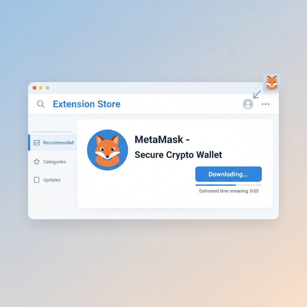 clean browser extension store downloading MetaMask fox icon, modern 2026 UI, blue and orange theme