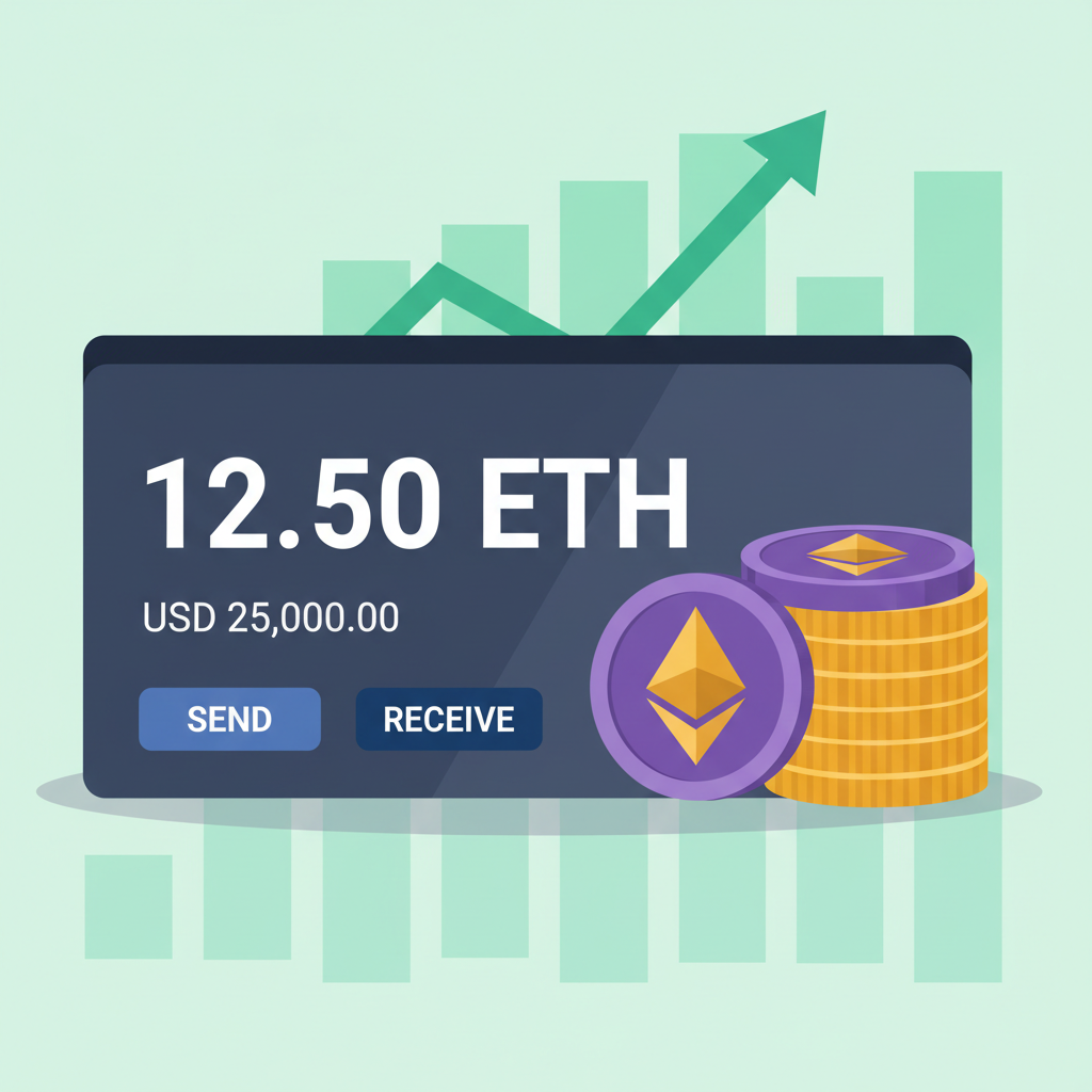 ethereum wallet balance with eth coins stacking, green charts background