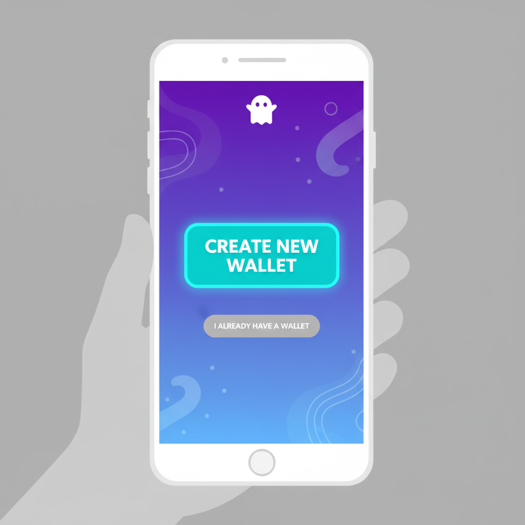 smartphone screen showing Phantom Wallet app freshly installed, launch screen with create new wallet button highlighted