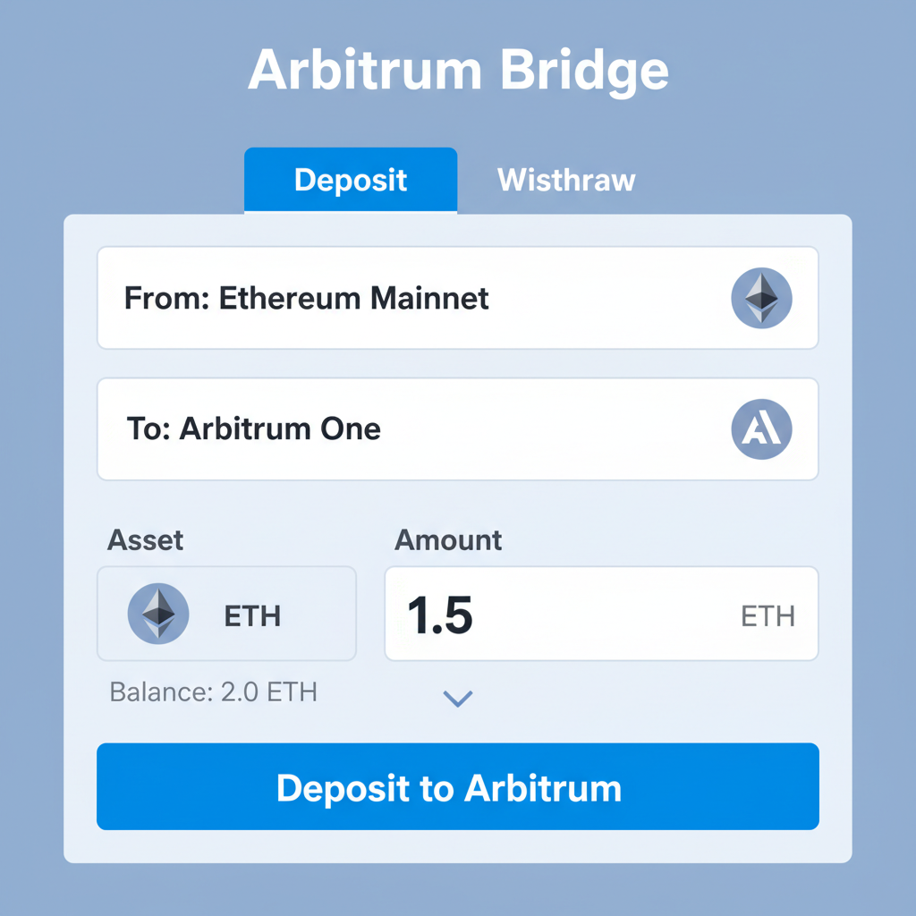 Arbitrum bridge deposit form with ETH selected and amount entered