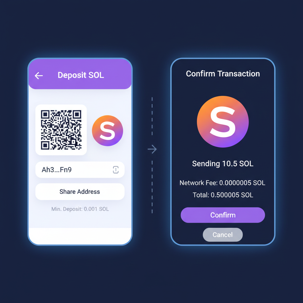 wallet interface showing SOL deposit, transaction confirmation screen, SOL token icon