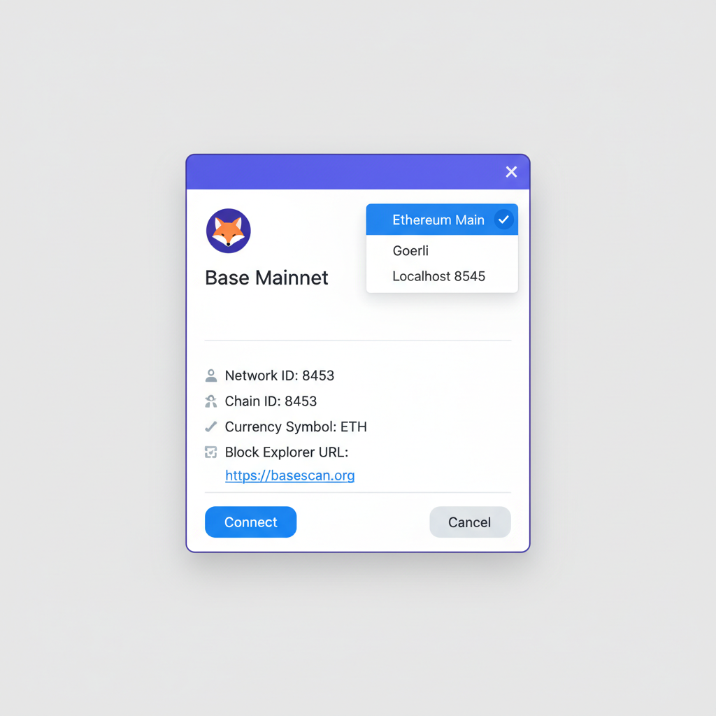 MetaMask with Base Mainnet selected in dropdown, network details shown