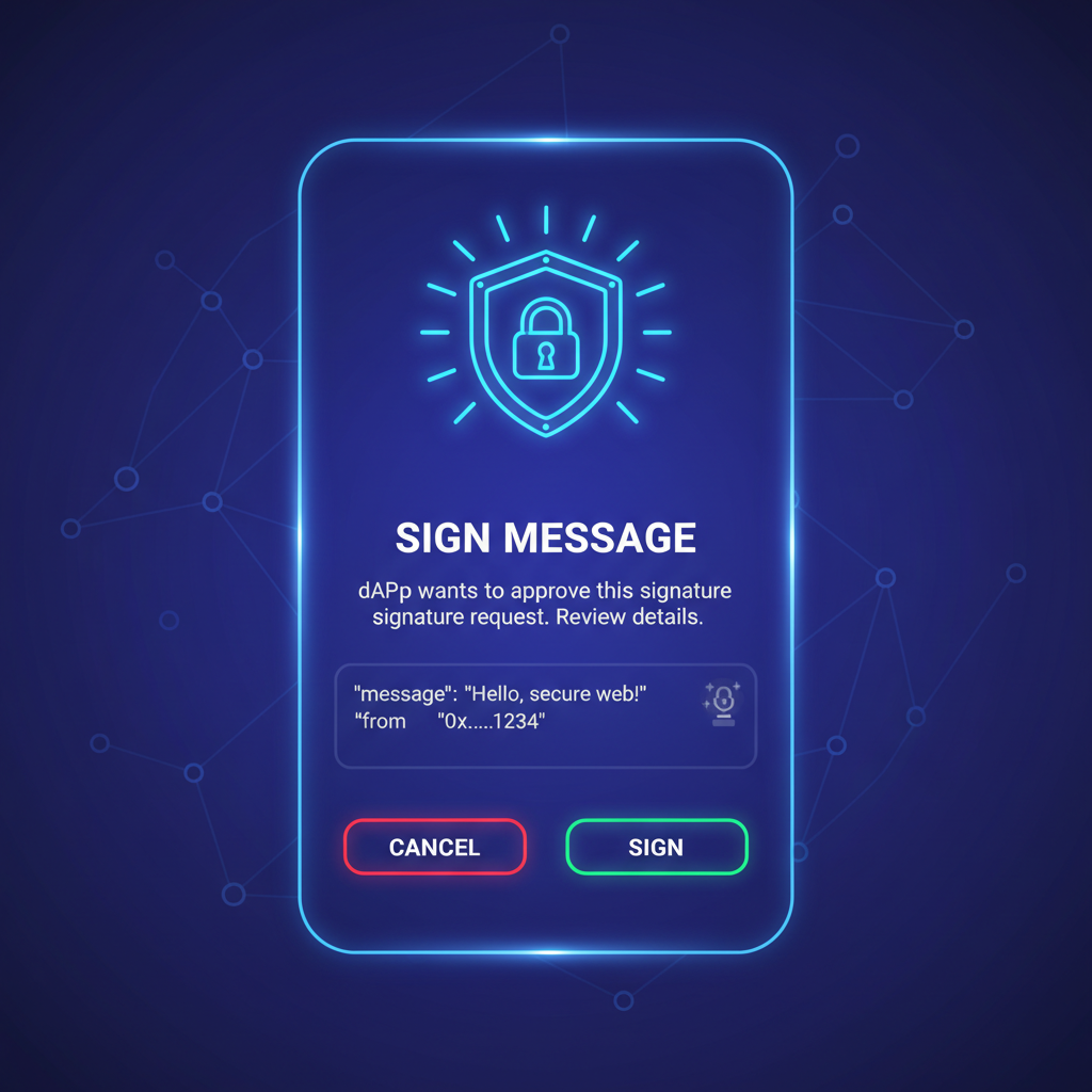 metamask walletconnect popup on mobile, signing message, secure lock icon, neon blue
