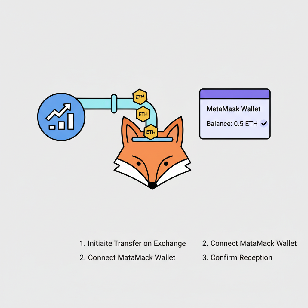 simple illustration of ETH coins flowing into MetaMask wallet from exchange