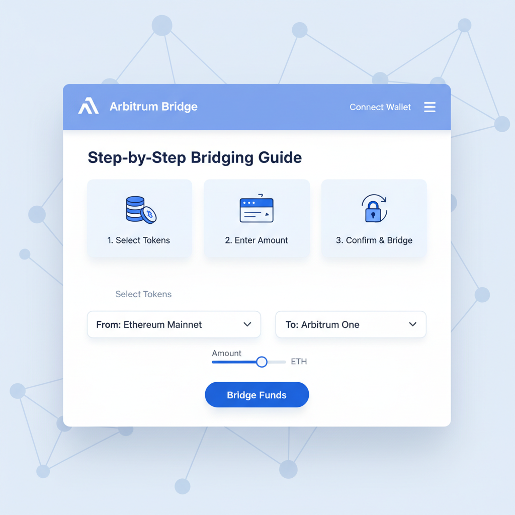 clean screenshot of arbitrum bridge homepage interface, modern web design, blue tones