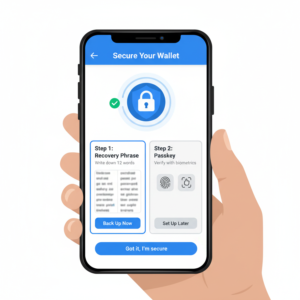 Coinbase Wallet app screen showing recovery phrase backup or passkey verification, secure lock icon