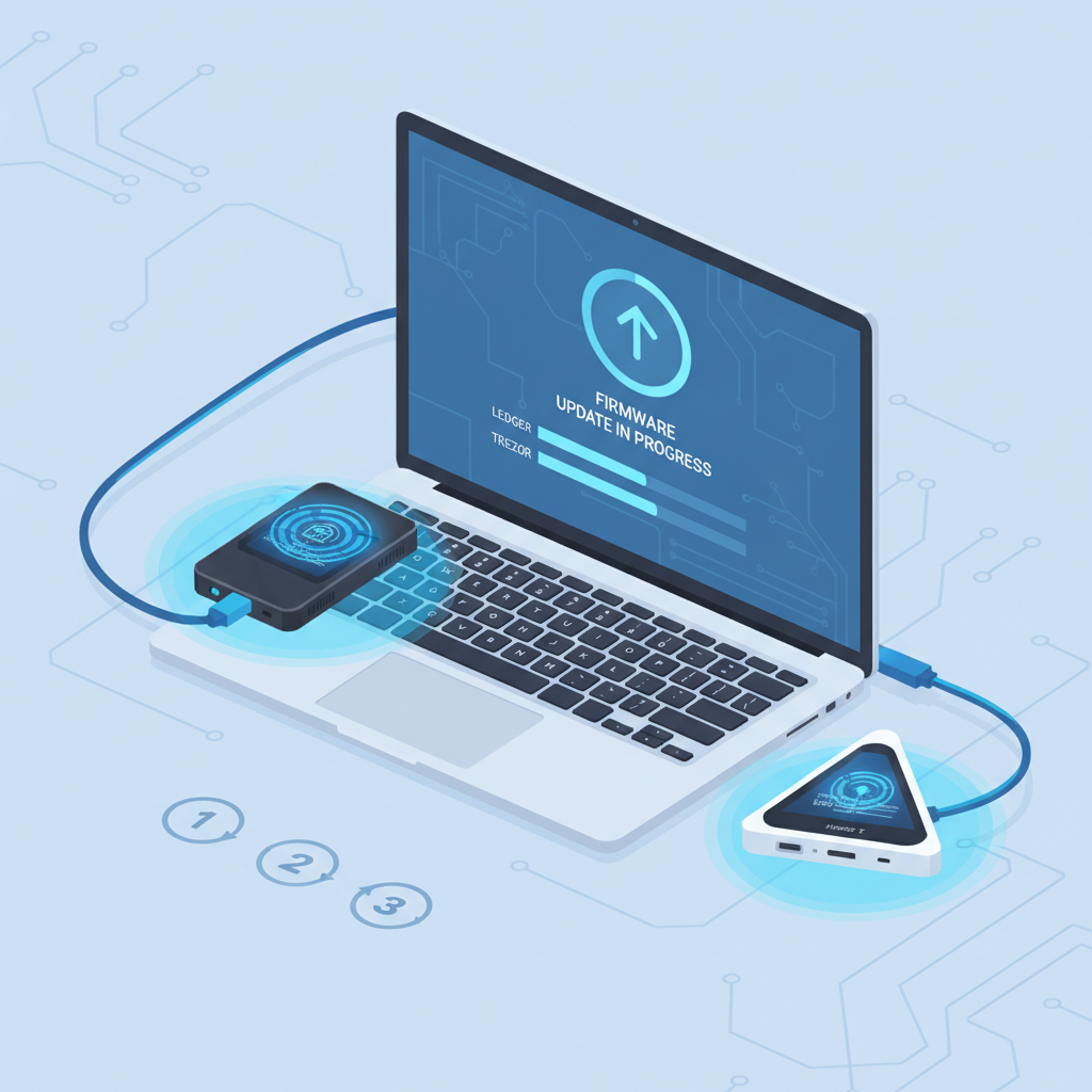 sleek hardware wallet updating firmware on computer screen, futuristic blue glow