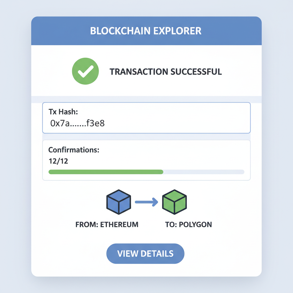 Blockchain explorer showing successful bridge transaction, tx hash and confirmations
