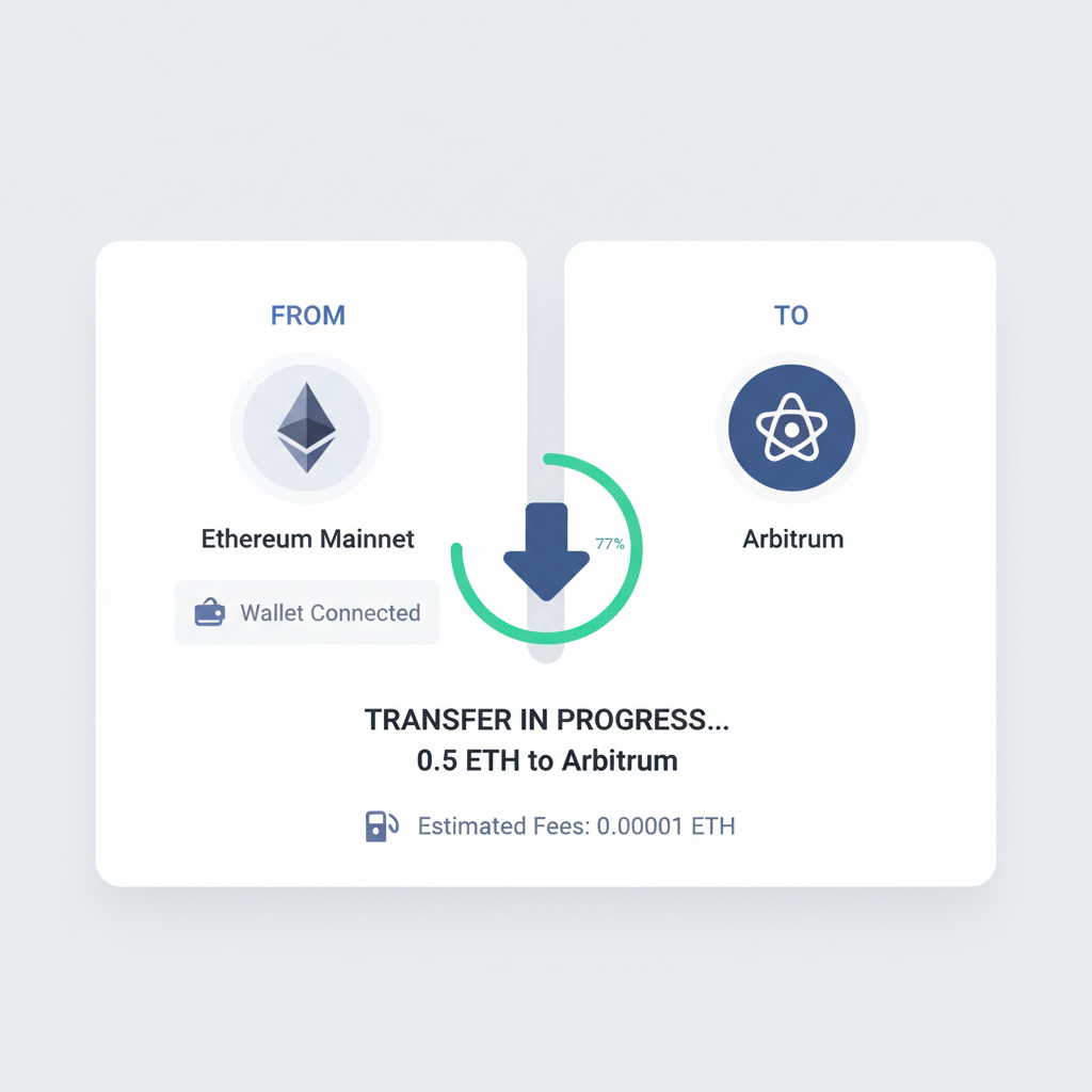 Stargate Finance bridge UI, wallet connected, ETH transfer to Arbitrum in progress