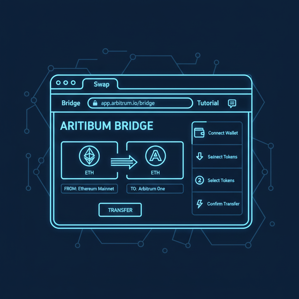 sleek browser on Arbitrum bridge website homepage, futuristic crypto UI, neon blues