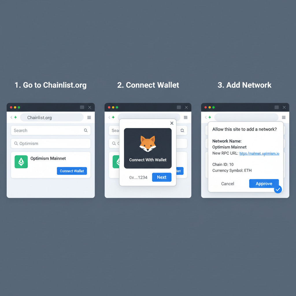 screenshot-style image of adding Optimism network via Chainlist.org in wallet