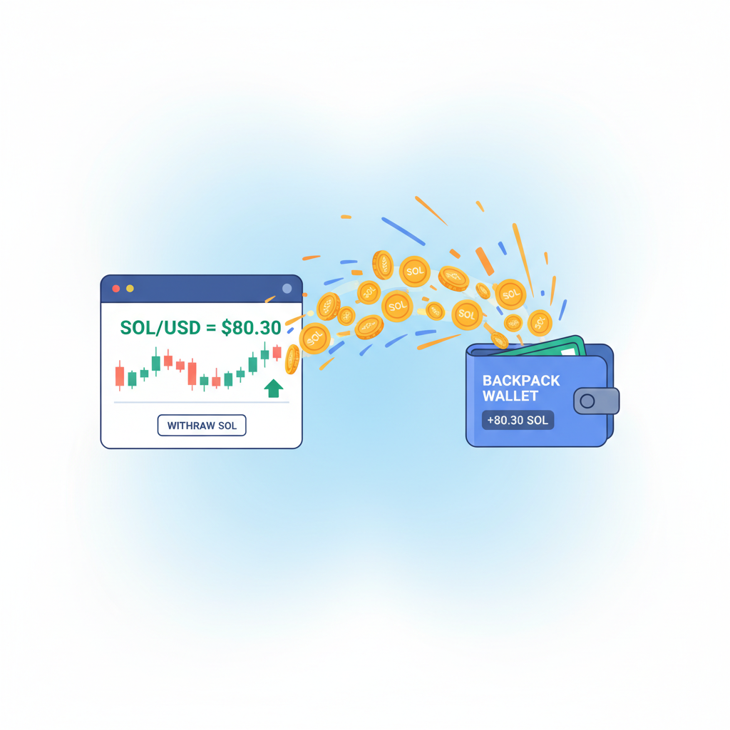 SOL tokens transferring into Backpack wallet, price chart showing $80.30, exchange to wallet flow, explosive energy