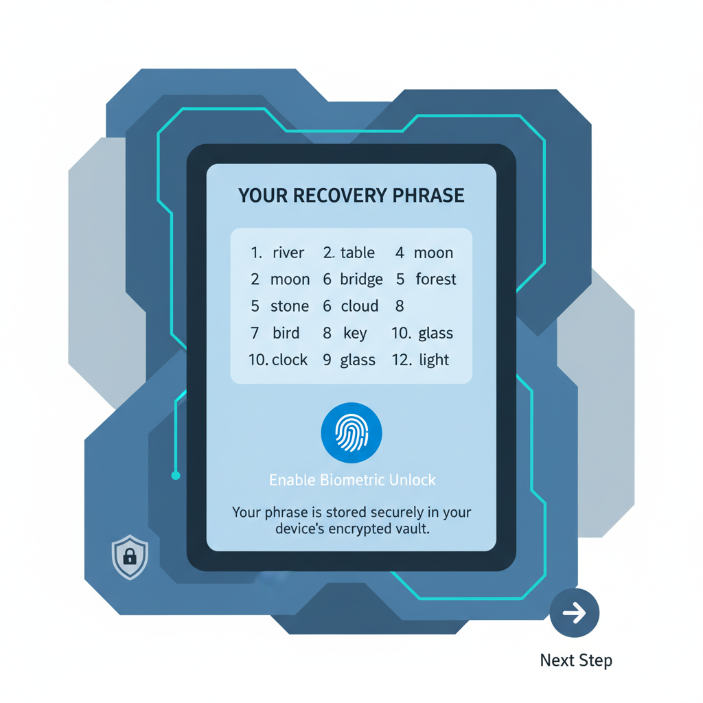 Coinbase Wallet setup screen, recovery phrase display, biometric unlock icon, secure vault theme