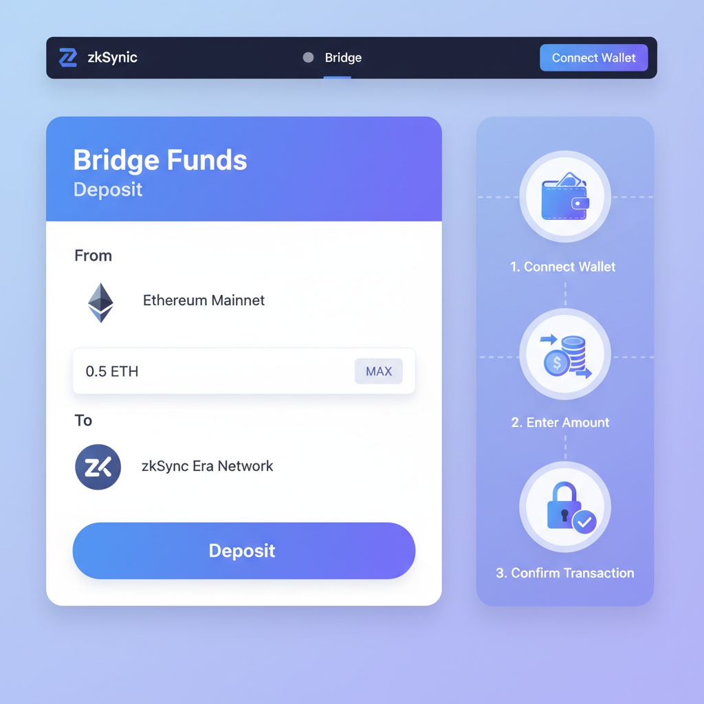 clean screenshot of zkSync Era official bridge homepage, modern UI, Ethereum to zkSync deposit interface, blue and purple tones