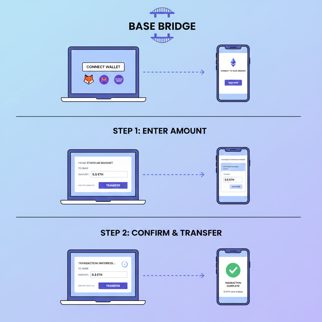 Base Bridge website connected to mobile wallet, ETH transfer interface from Ethereum to Base