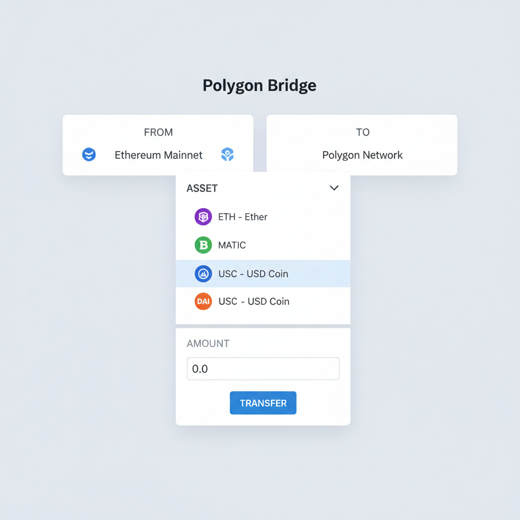 Polygon Bridge asset selection dropdown open, ETH and USDC highlighted, clean interface