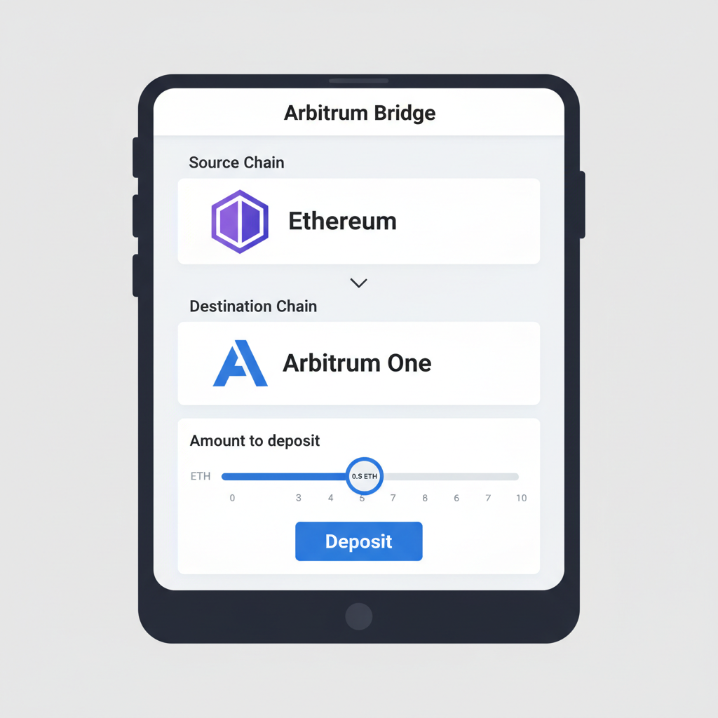 Arbitrum bridge deposit interface selecting ETH amount slider, Ethereum source chain