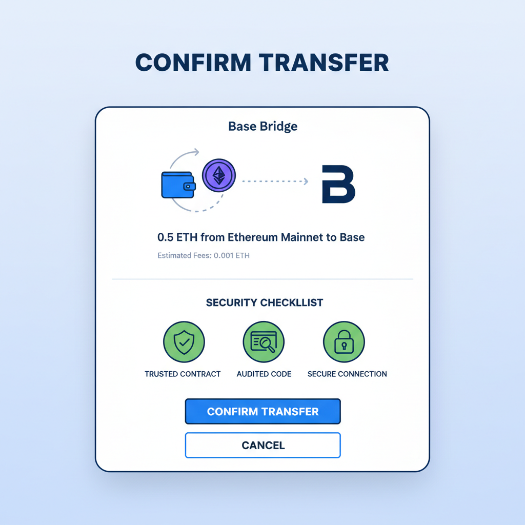 wallet confirmation screen for Base bridge, security checklist icons, ETH transfer animation