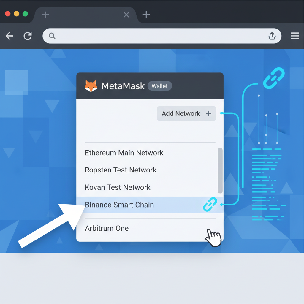 MetaMask dropdown adding Arbitrum network, electric blue chain links connecting, futuristic UI