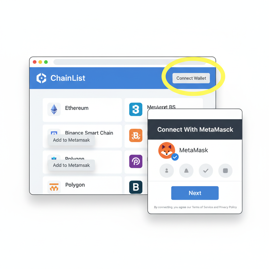 ChainList website with Connect Wallet button highlighted, MetaMask popup connecting, simple interface
