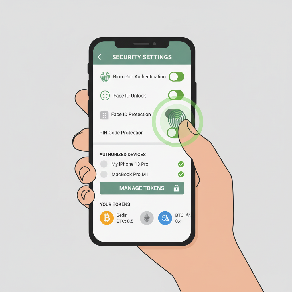 wallet security settings with biometrics enabled and token list