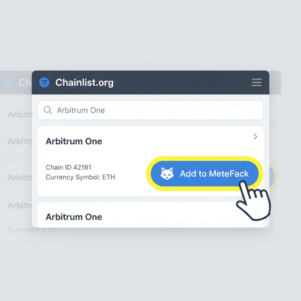 chainlist.org interface searching arbitrum one, add to metamask button highlighted