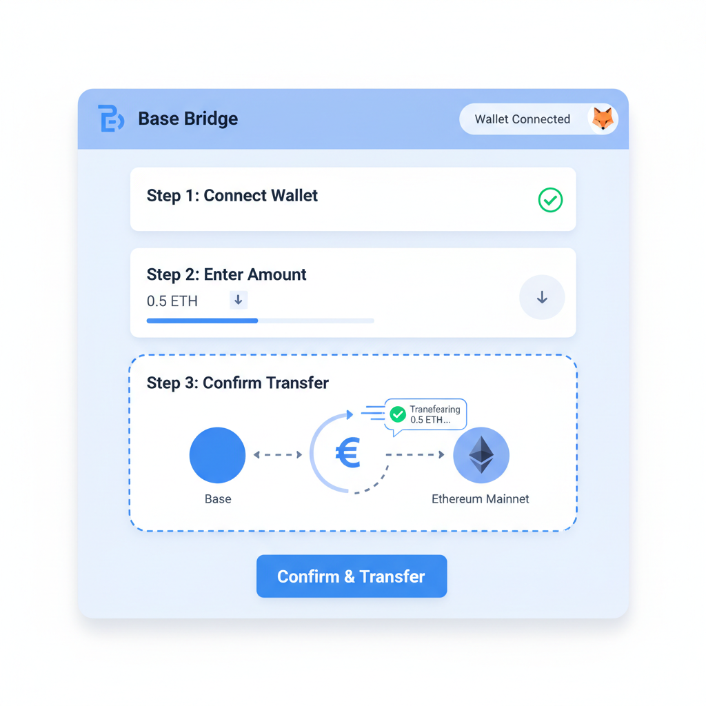 screenshot style of Base Bridge website connected to wallet, ETH transfer animation