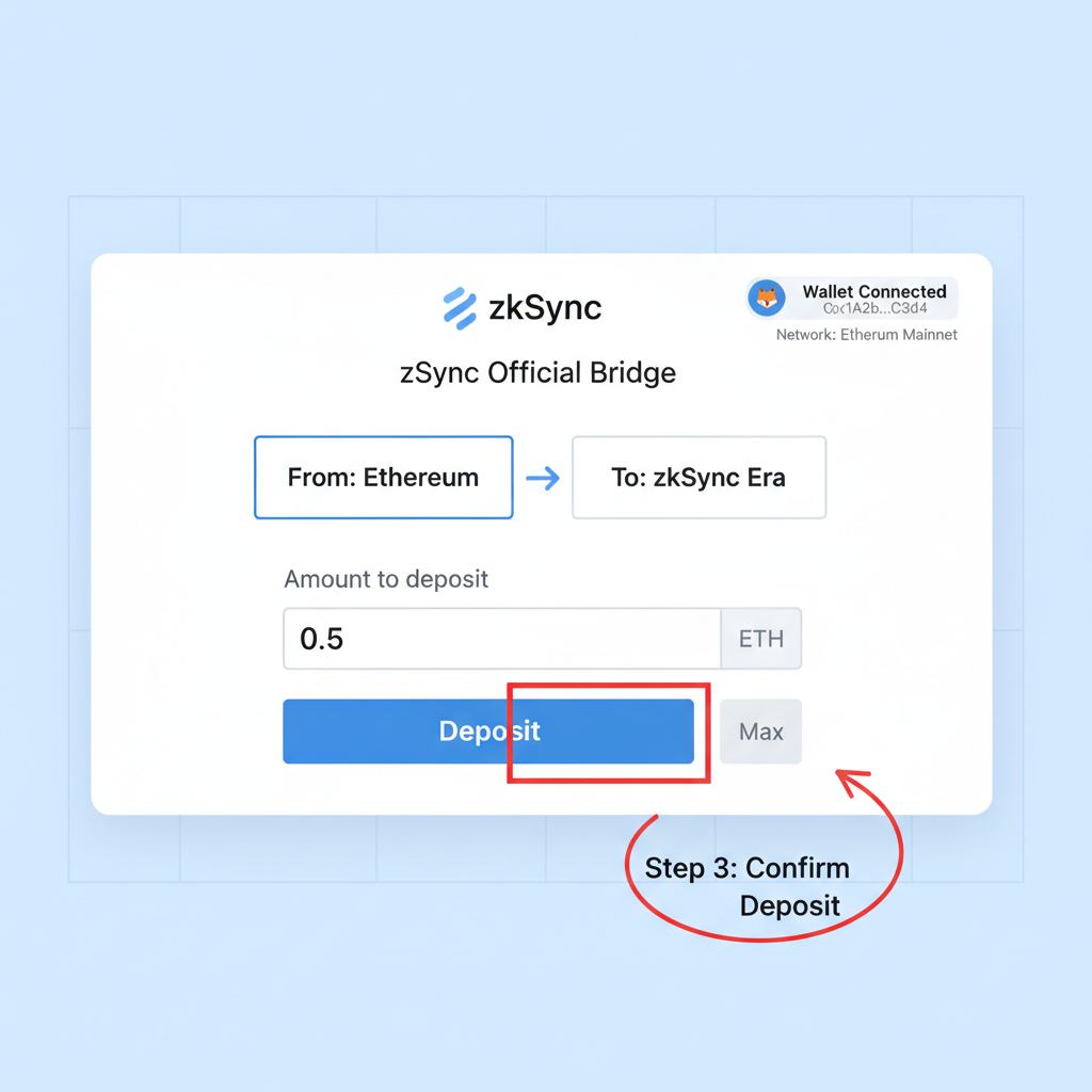 zkSync official bridge interface, wallet connected, ETH deposit form with approve button