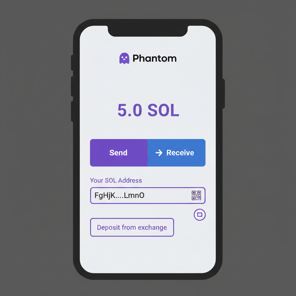 Phantom wallet screen displaying SOL balance and deposit address