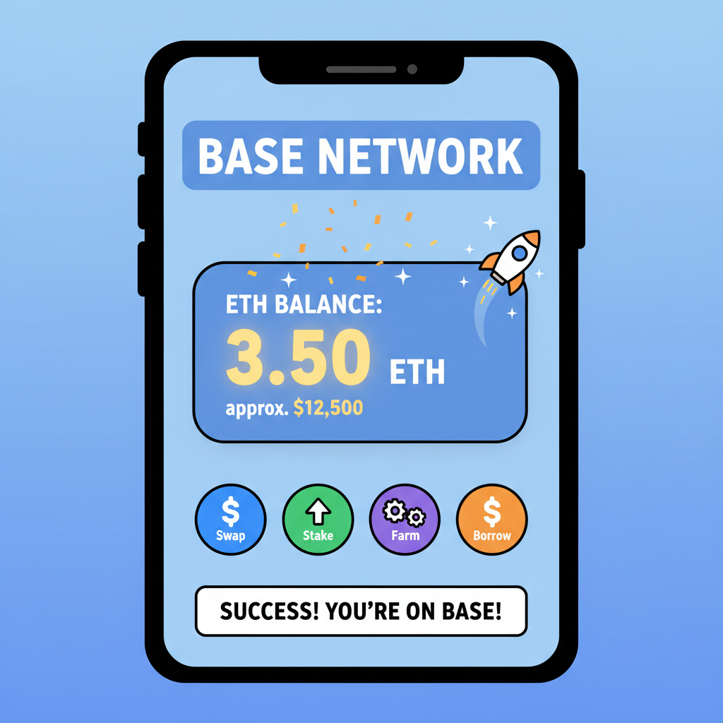 wallet screen showing ETH balance on Base network, dApps icons nearby, celebratory crypto success vibe