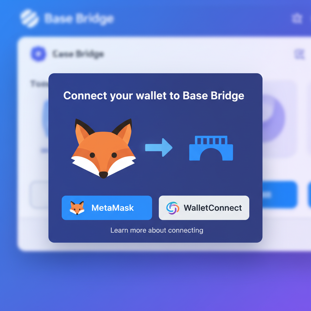 wallet connection popup on Base Bridge, MetaMask fox icon linking to bridge, clean web3 interface