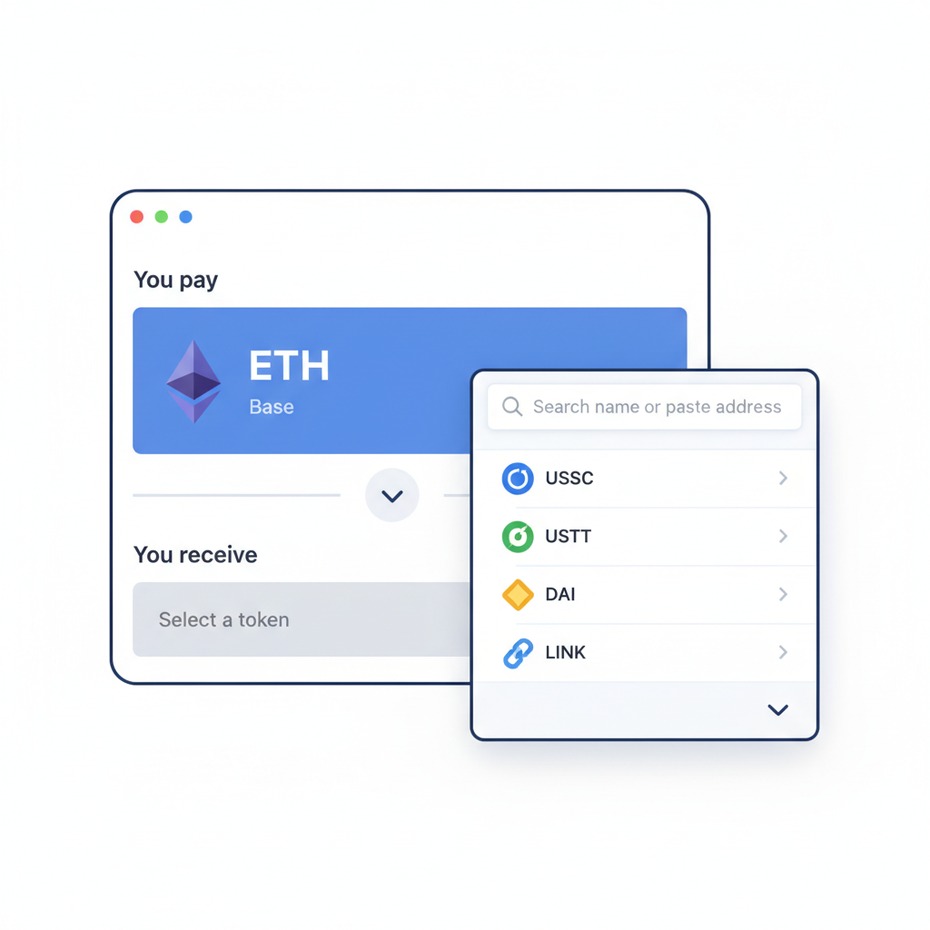 Uniswap swap screen showing ETH selected as input token on Base, token selector open, modern DeFi design