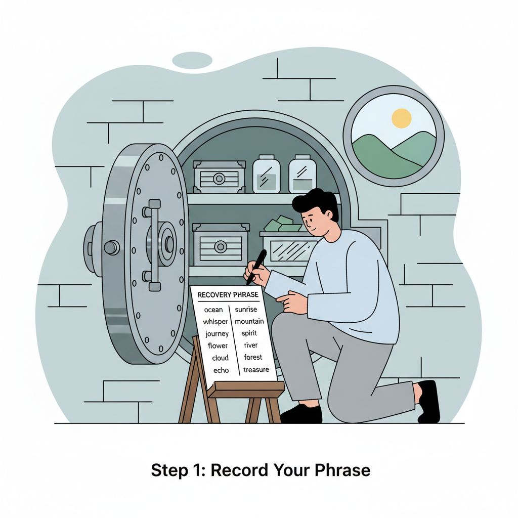 Person writing recovery phrase on paper, secure offline storage, vault background
