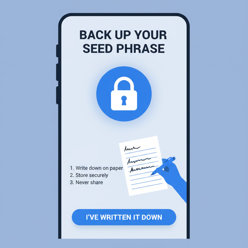 Phantom wallet creation screen showing seed phrase backup prompt, secure handwritten note illustration, blue secure lock icon