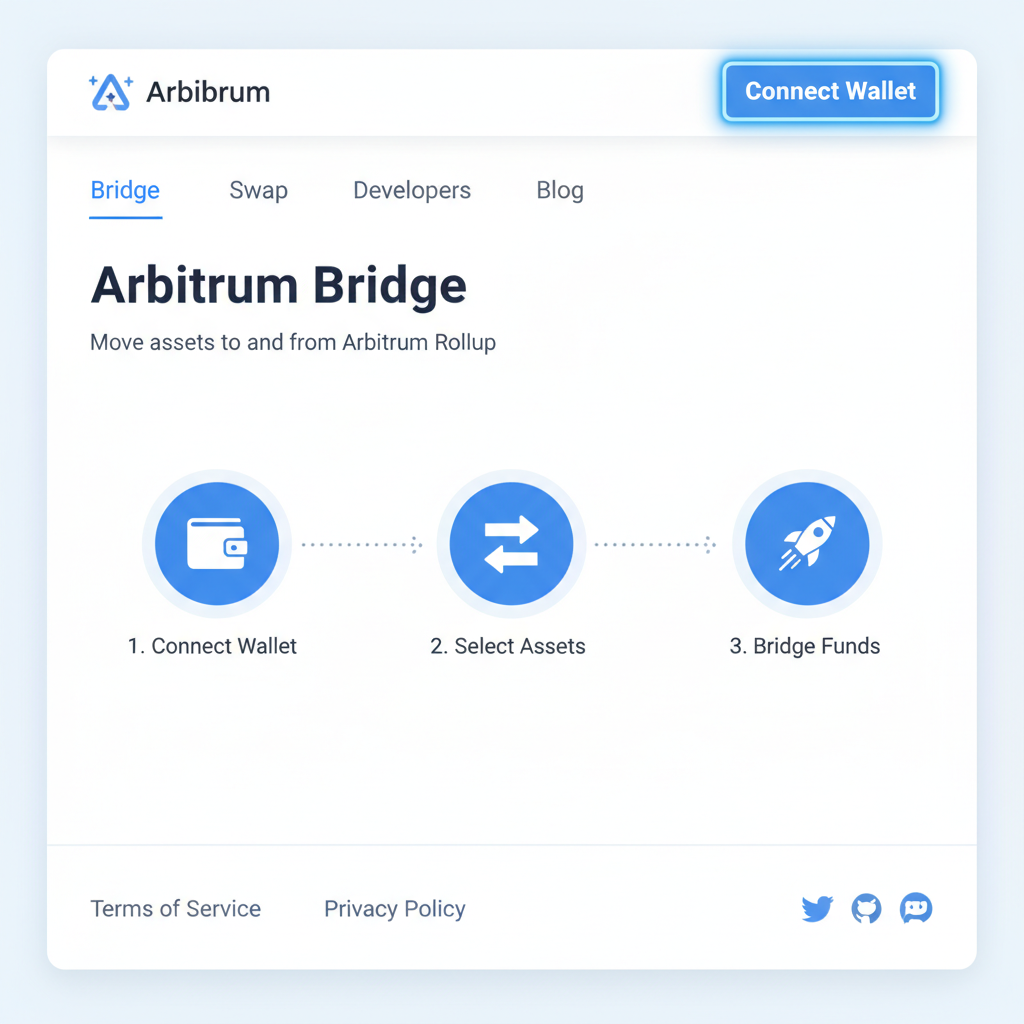 official Arbitrum bridge website homepage, connect wallet button highlighted, clean design