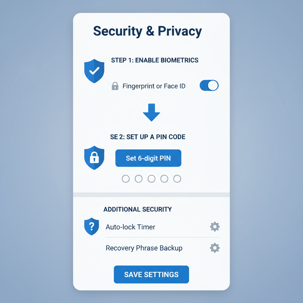 Coinbase Wallet settings screen with security options like biometrics and PIN setup, shield icons