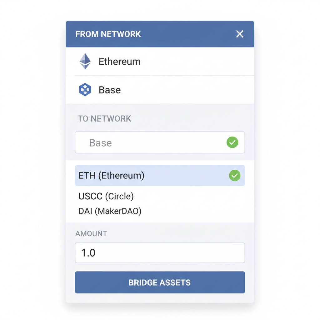 Base Bridge network selector dropdowns Ethereum to Base, ETH asset highlighted, simple UI